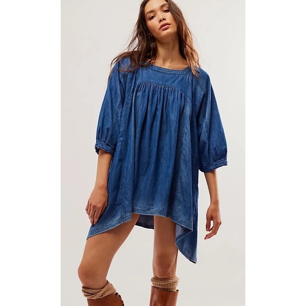 NWT FREE PEOPLE Memories of You Denim Tunic Top Blue Ribbon Size S/P Oversized